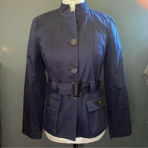 Navy blue short trench style jacket with waist belt sz 4